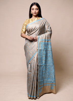 Cream Handloom Kantha Stitch Pure Silk Saree With Blouse Piece