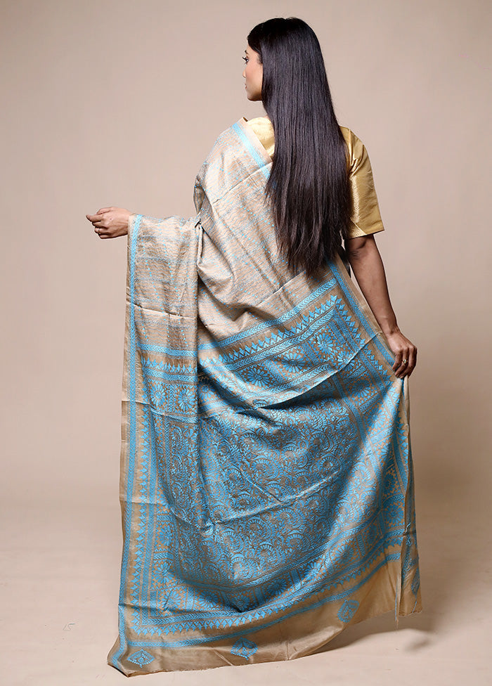 Cream Handloom Kantha Stitch Pure Silk Saree With Blouse Piece