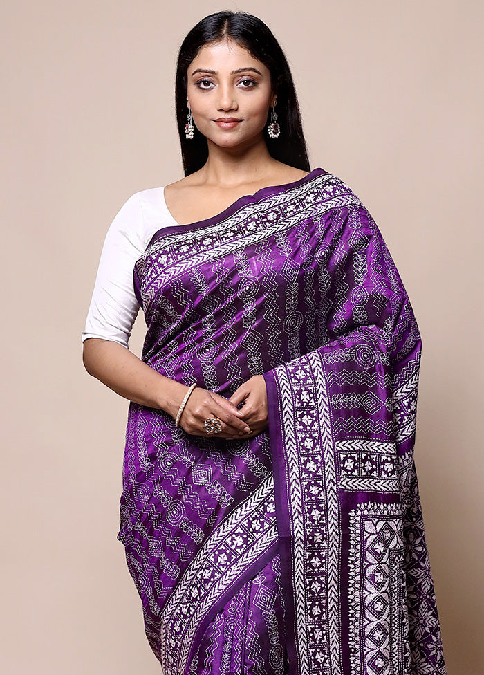 Purple Handloom Kantha Stitch Pure Silk Saree With Blouse Piece