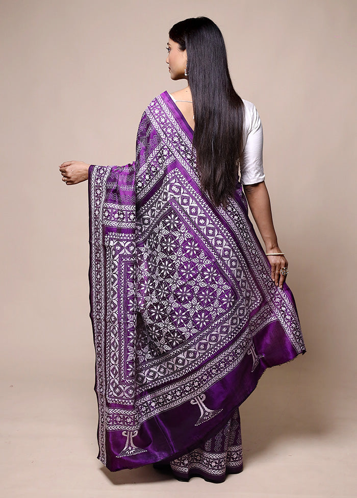 Purple Handloom Kantha Stitch Pure Silk Saree With Blouse Piece