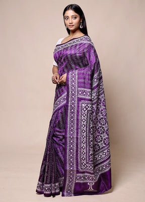 Purple Handloom Kantha Stitch Pure Silk Saree With Blouse Piece