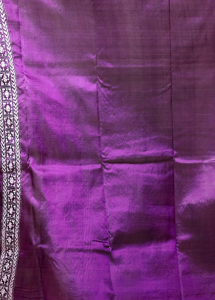 Purple Handloom Kantha Stitch Pure Silk Saree With Blouse Piece