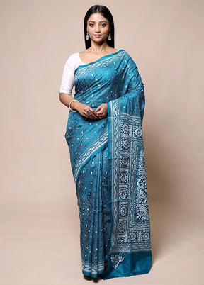 Blue Handloom Kantha Stitch Pure Silk Saree With Blouse Piece