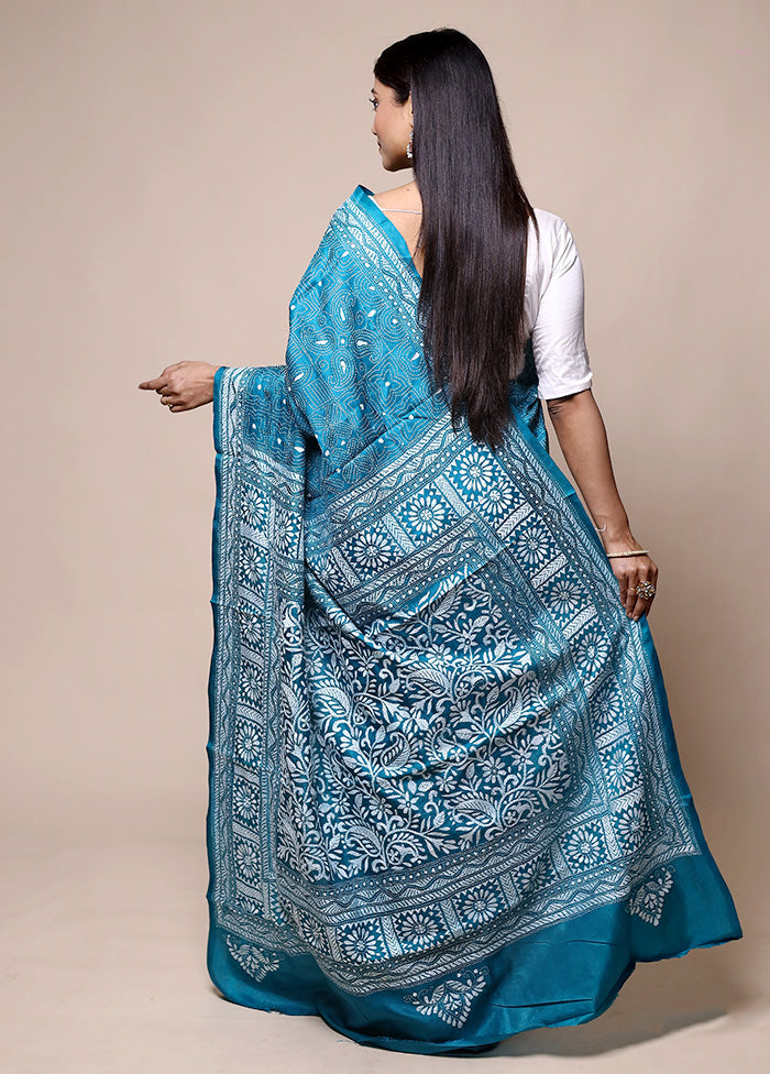 Blue Handloom Kantha Stitch Pure Silk Saree With Blouse Piece