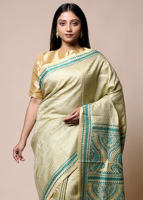 Green Handloom Kantha Stitch Pure Silk Saree With Blouse Piece