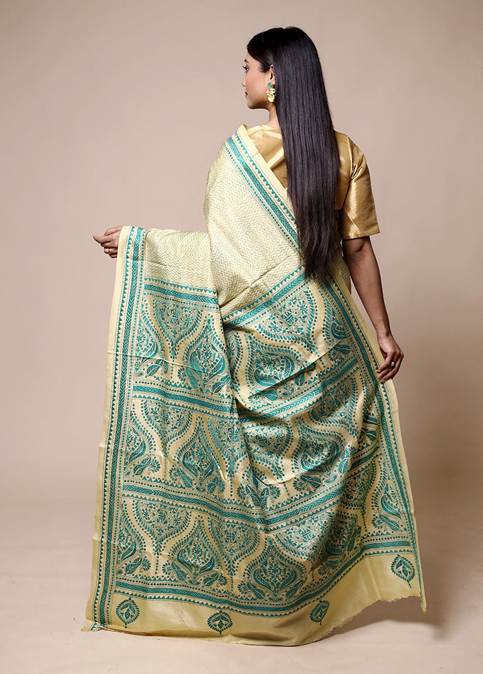 Green Handloom Kantha Stitch Pure Silk Saree With Blouse Piece