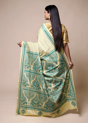 Green Handloom Kantha Stitch Pure Silk Saree With Blouse Piece