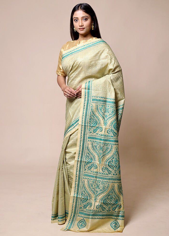 Green Handloom Kantha Stitch Pure Silk Saree With Blouse Piece