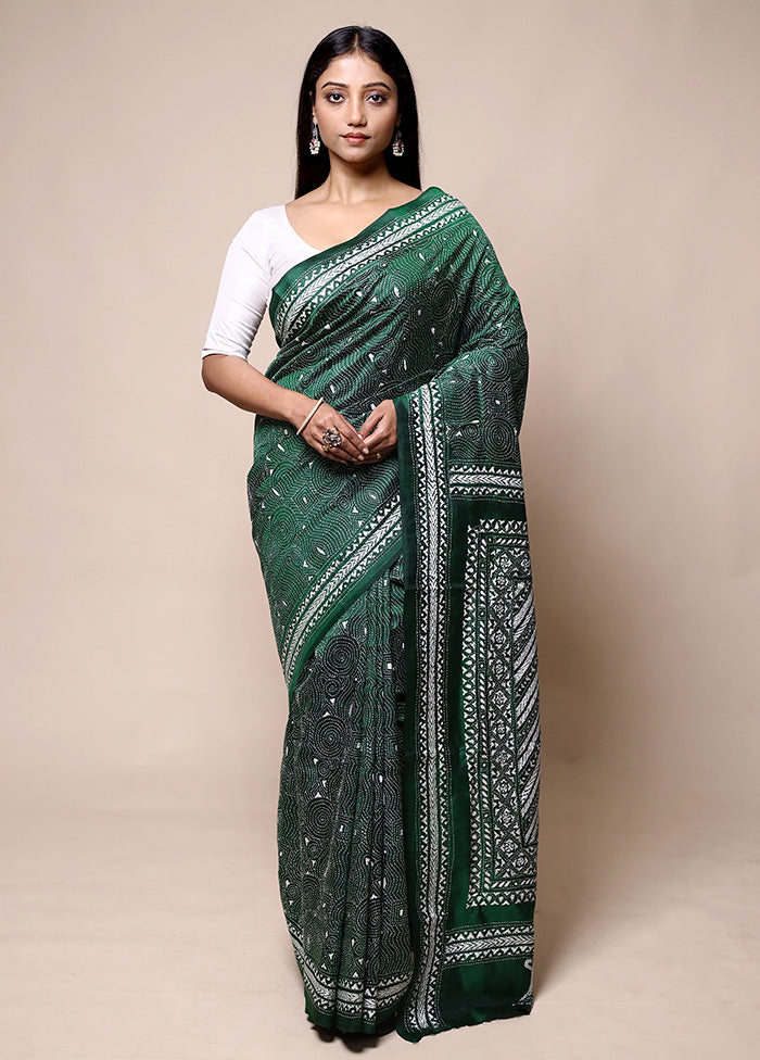 Green Handloom Kantha Stitch Pure Silk Saree With Blouse Piece