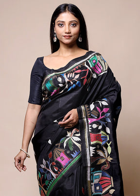 Black Handloom Kantha Stitch Pure Silk Saree With Blouse Piece