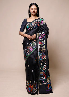 Black Handloom Kantha Stitch Pure Silk Saree With Blouse Piece