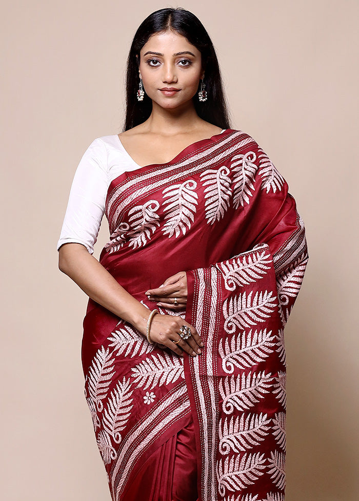 Red Handloom Kantha Stitch Pure Silk Saree With Blouse Piece