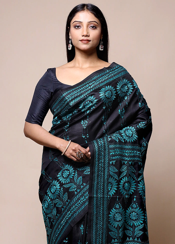 Black Handloom Kantha Stitch Pure Silk Saree With Blouse Piece