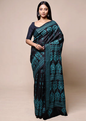 Black Handloom Kantha Stitch Pure Silk Saree With Blouse Piece