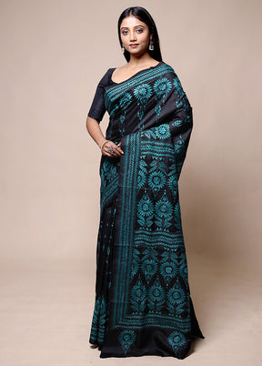 Black Handloom Kantha Stitch Pure Silk Saree With Blouse Piece