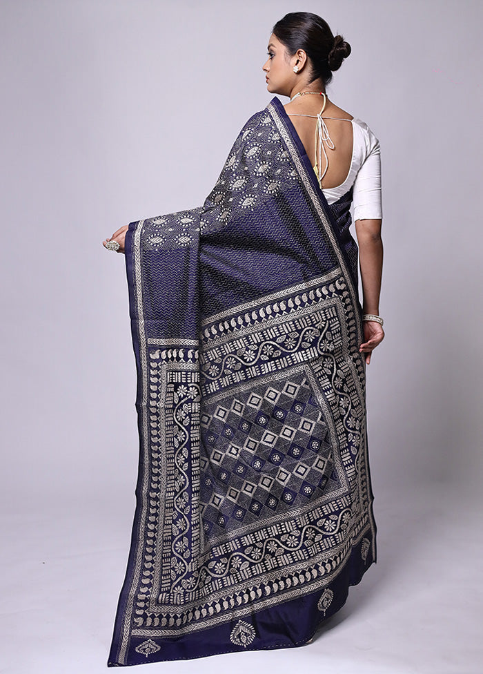 Blue Handloom Kantha Stitch Pure Silk Saree With Blouse Piece