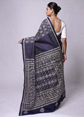 Blue Handloom Kantha Stitch Pure Silk Saree With Blouse Piece