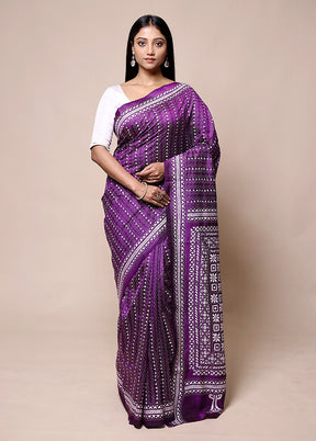 Purple Handloom Kantha Stitch Pure Silk Saree With Blouse Piece