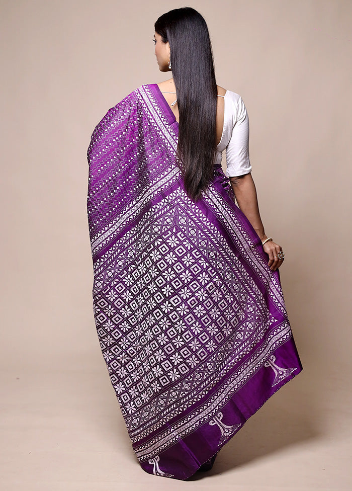 Purple Handloom Kantha Stitch Pure Silk Saree With Blouse Piece