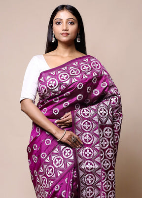 Purple Handloom Kantha Stitch Pure Silk Saree With Blouse Piece