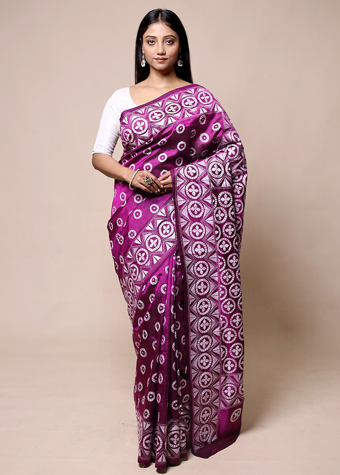 Purple Handloom Kantha Stitch Pure Silk Saree With Blouse Piece