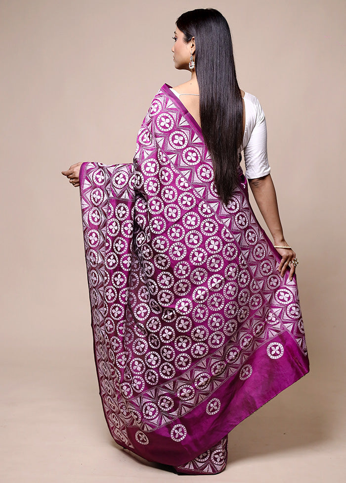 Purple Handloom Kantha Stitch Pure Silk Saree With Blouse Piece