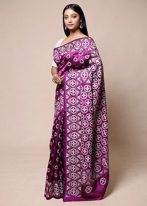 Purple Handloom Kantha Stitch Pure Silk Saree With Blouse Piece