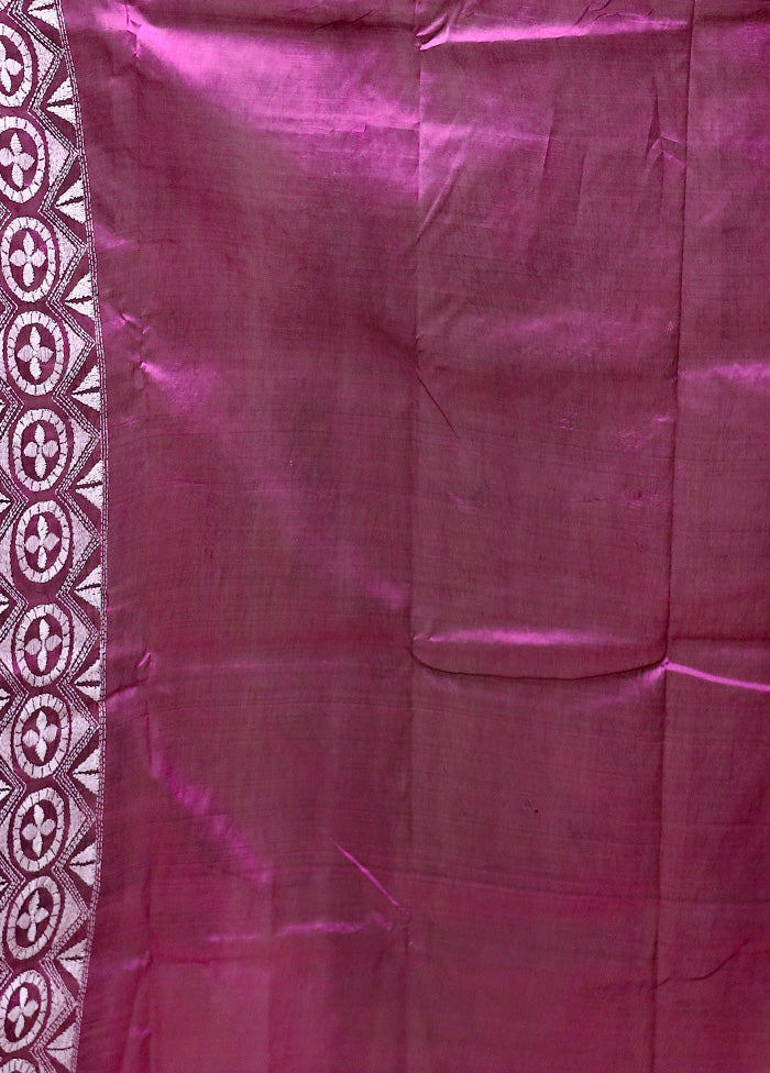 Purple Handloom Kantha Stitch Pure Silk Saree With Blouse Piece