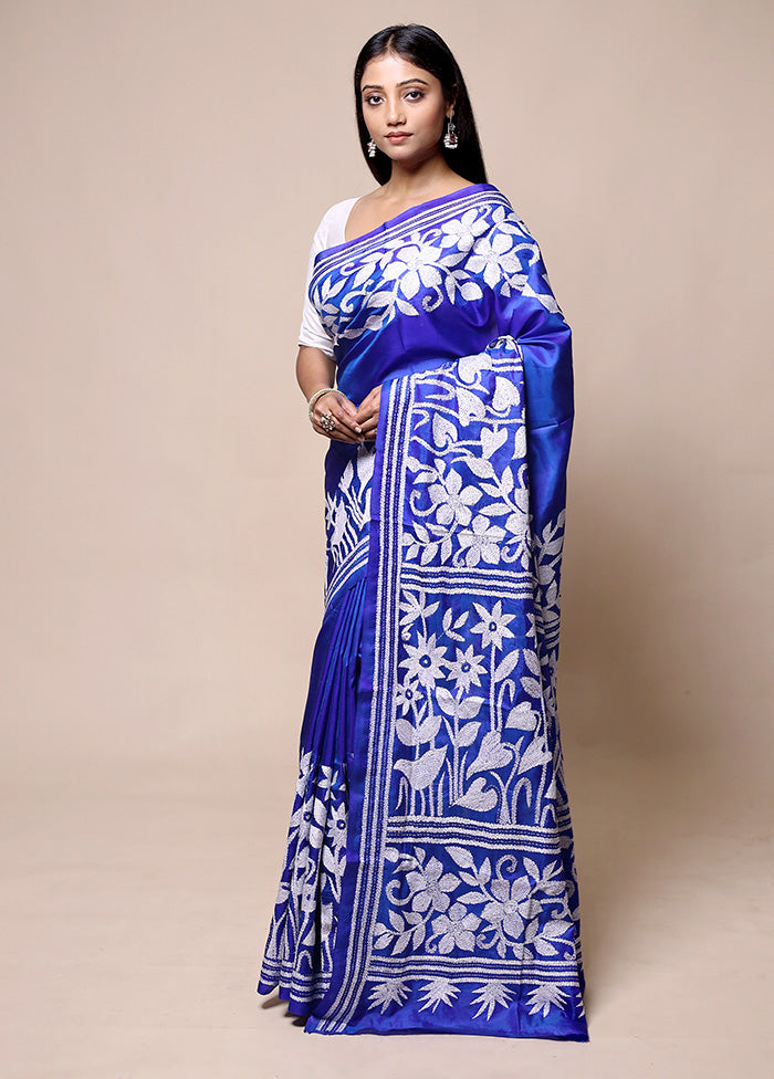 Blue Handloom Kantha Stitch Pure Silk Saree With Blouse Piece