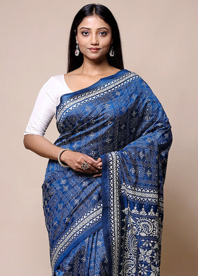 Blue Handloom Kantha Stitch Pure Silk Saree With Blouse Piece