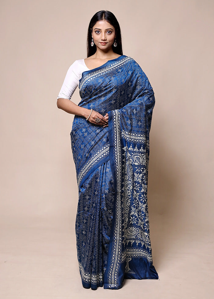 Blue Handloom Kantha Stitch Pure Silk Saree With Blouse Piece