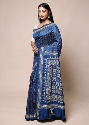 Blue Handloom Kantha Stitch Pure Silk Saree With Blouse Piece