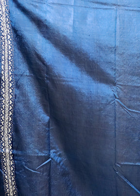 Blue Handloom Kantha Stitch Pure Silk Saree With Blouse Piece