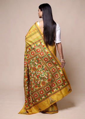 Yellow Handloom Kantha Stitch Pure Silk Saree With Blouse Piece