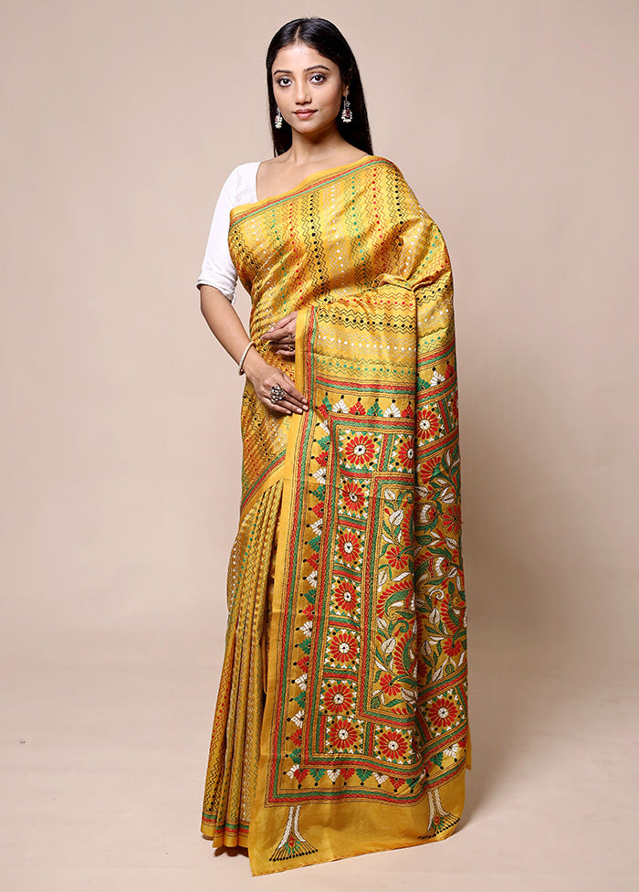 Yellow Handloom Kantha Stitch Pure Silk Saree With Blouse Piece