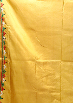 Yellow Handloom Kantha Stitch Pure Silk Saree With Blouse Piece