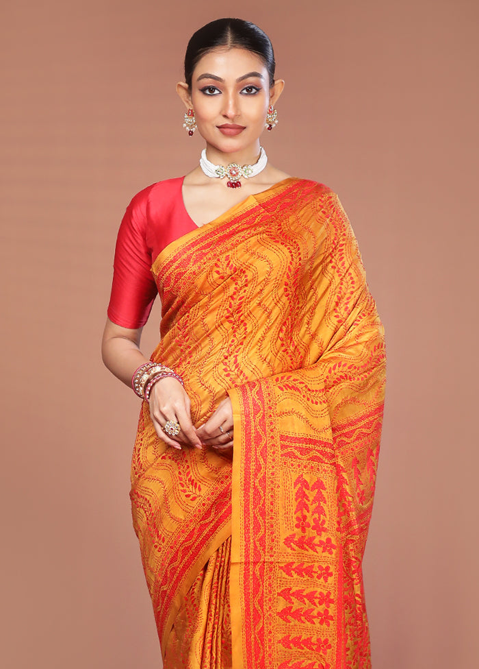 Yellow Handloom Kantha Stitch Pure Silk Saree With Blouse Piece