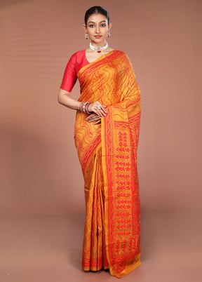 Yellow Handloom Kantha Stitch Pure Silk Saree With Blouse Piece