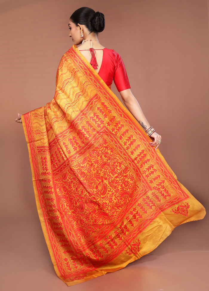 Yellow Handloom Kantha Stitch Pure Silk Saree With Blouse Piece