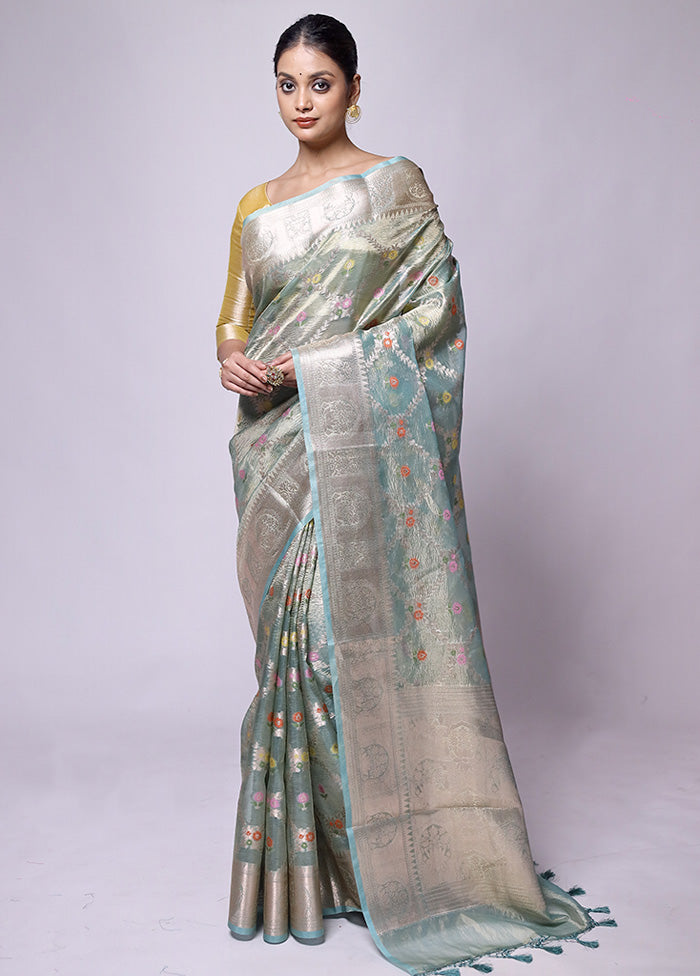 Green Crushed Tissue Silk Saree With Blouse Piece