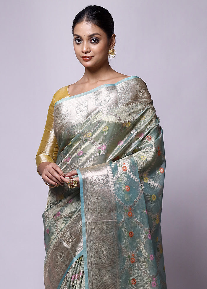 Green Crushed Tissue Silk Saree With Blouse Piece