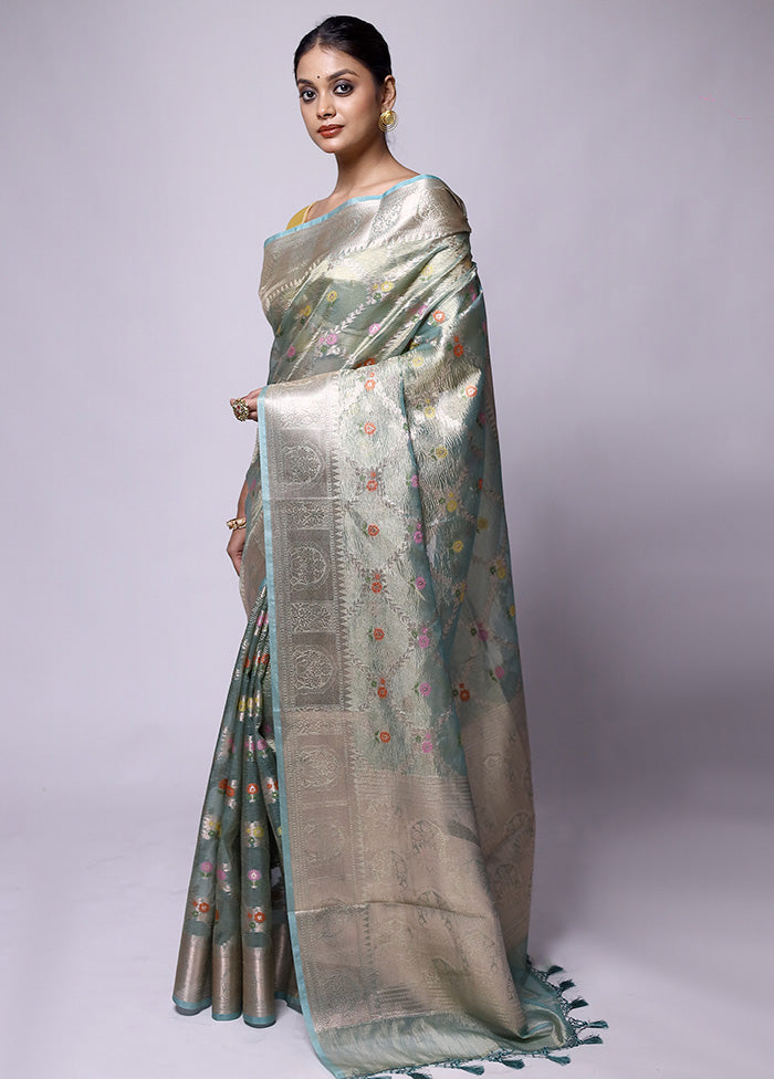 Green Crushed Tissue Silk Saree With Blouse Piece