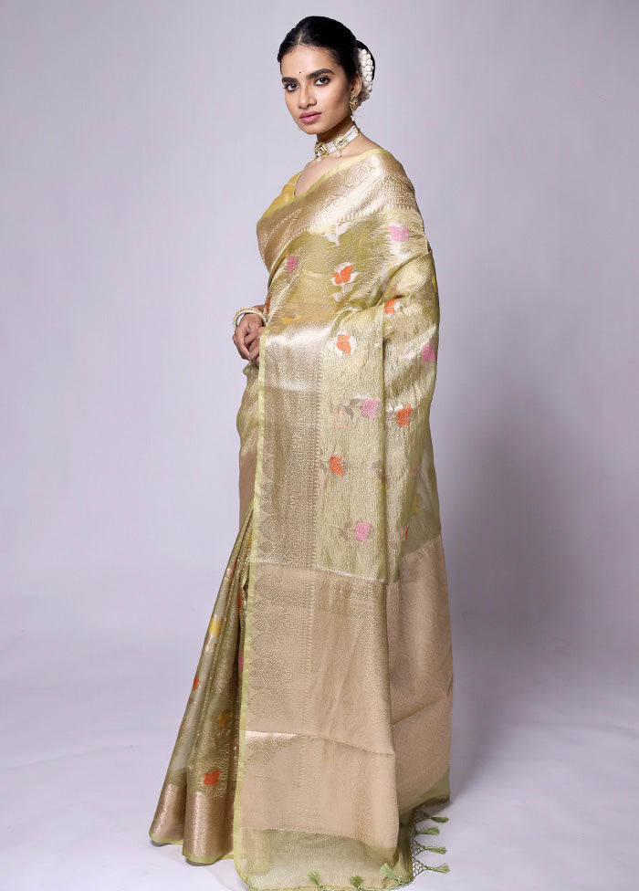 Green Crushed Tissue Silk Saree With Blouse Piece