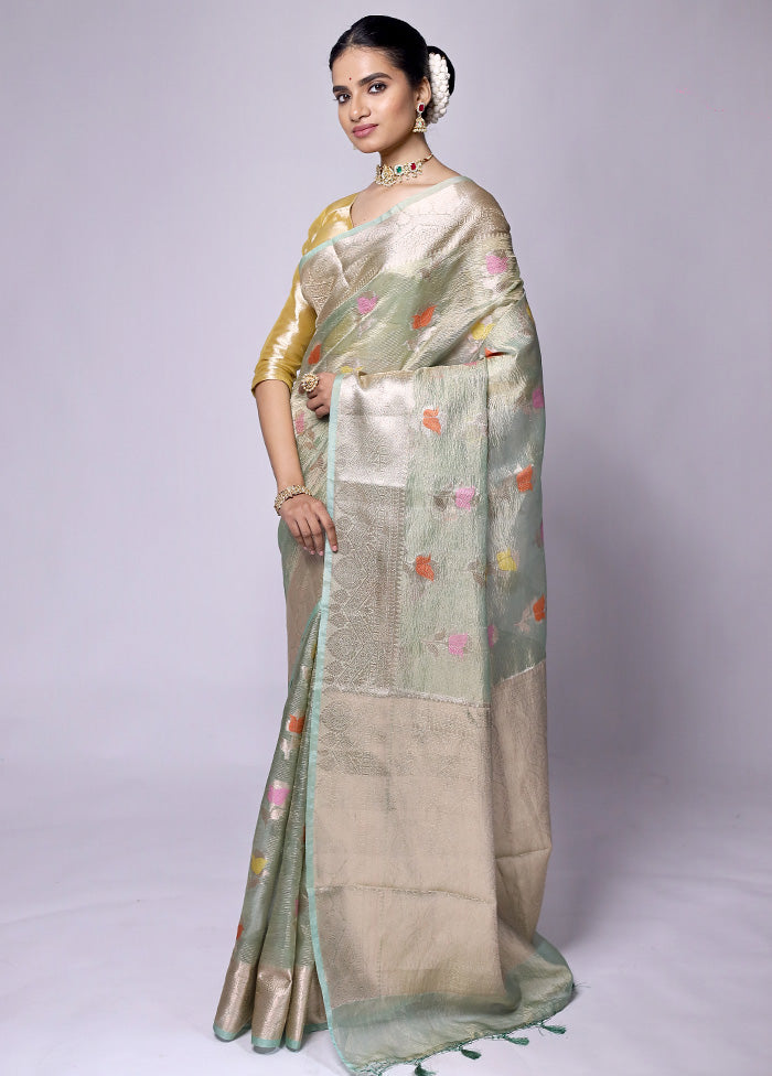 Green Crushed Tissue Silk Saree With Blouse Piece