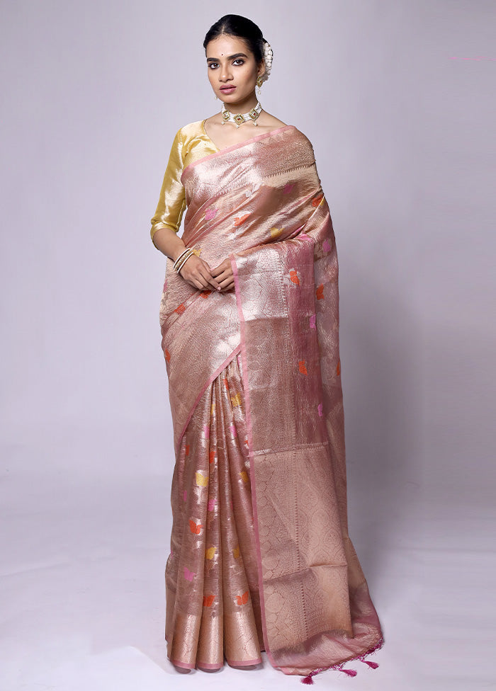 Peach Crushed Tissue Silk Saree With Blouse Piece