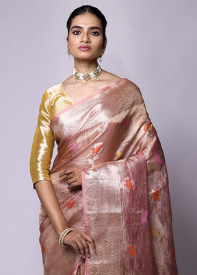 Peach Crushed Tissue Silk Saree With Blouse Piece