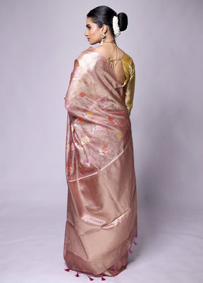 Peach Crushed Tissue Silk Saree With Blouse Piece