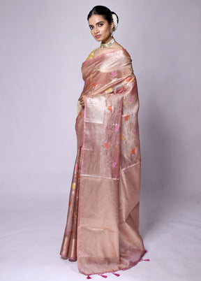 Peach Crushed Tissue Silk Saree With Blouse Piece