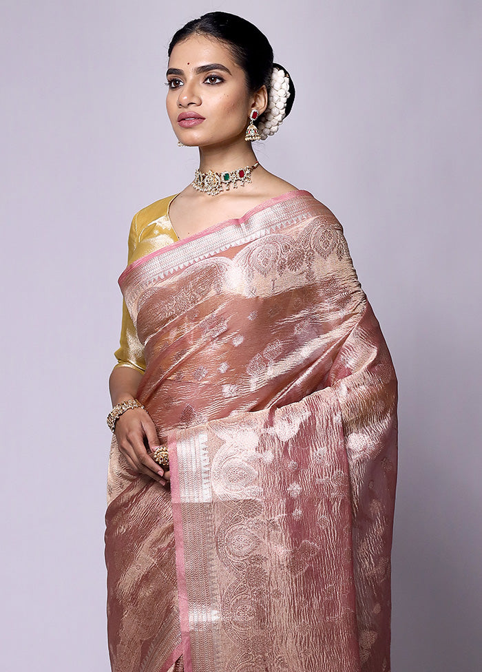 Peach Crushed Tissue Silk Saree With Blouse Piece