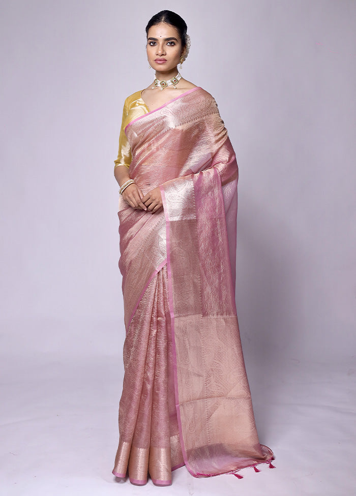 Pink Crushed Tissue Silk Saree With Blouse Piece